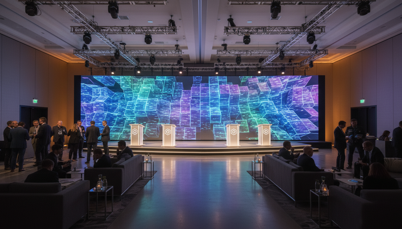 Event Production: Beyond Generic Corporate Playbooks - blockchain sponsored event backdrop ballroom | Digital Blockchains