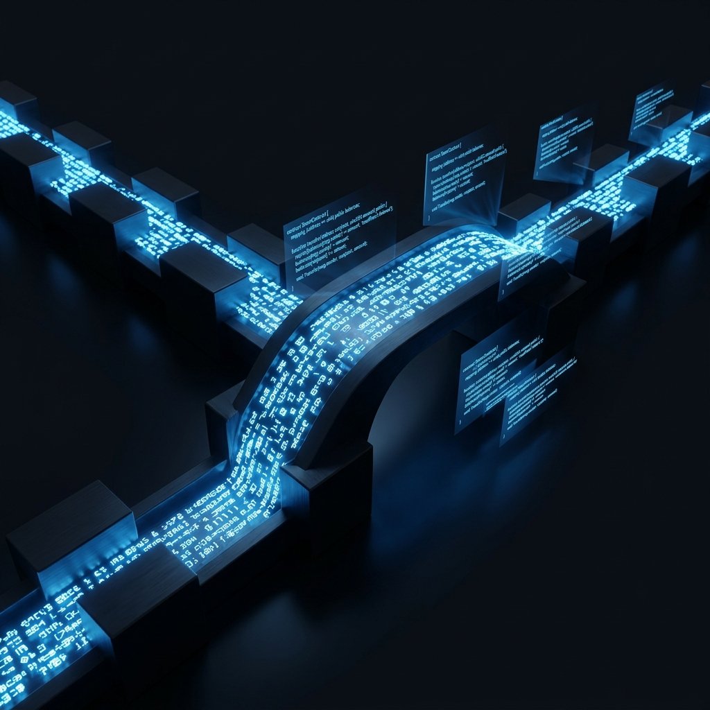 Smart contract development code flowing through blockchain blocks