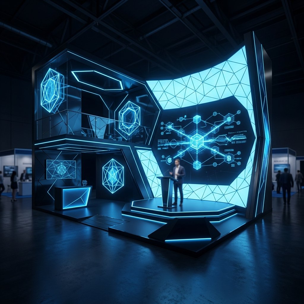 Blockchain convention trade show booth with interactive displays