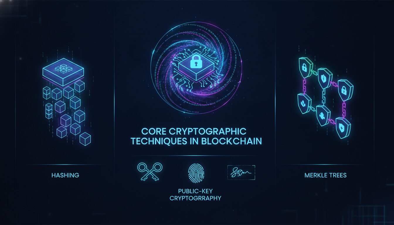 Core Cryptographic Techniques in Blockchain — illustrated overview