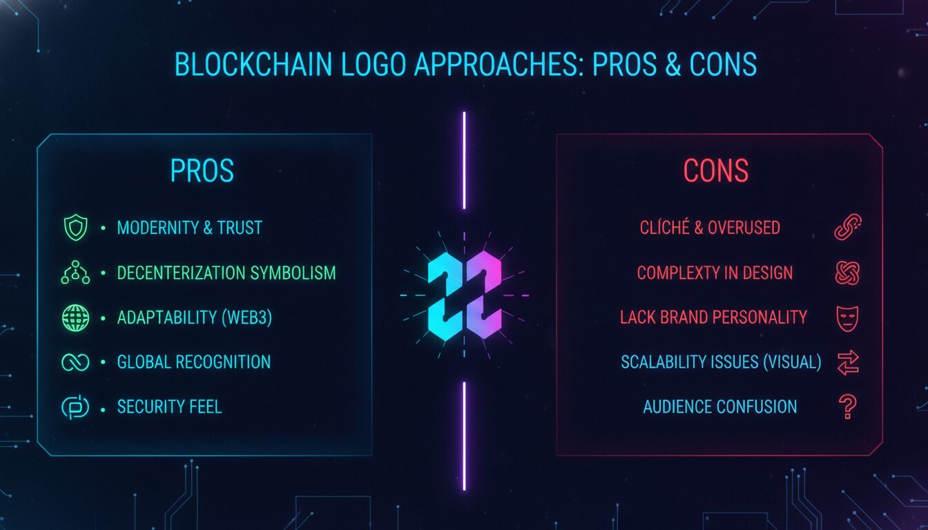 Pros and Cons of Common Blockchain Logo Approaches — illustrated overview