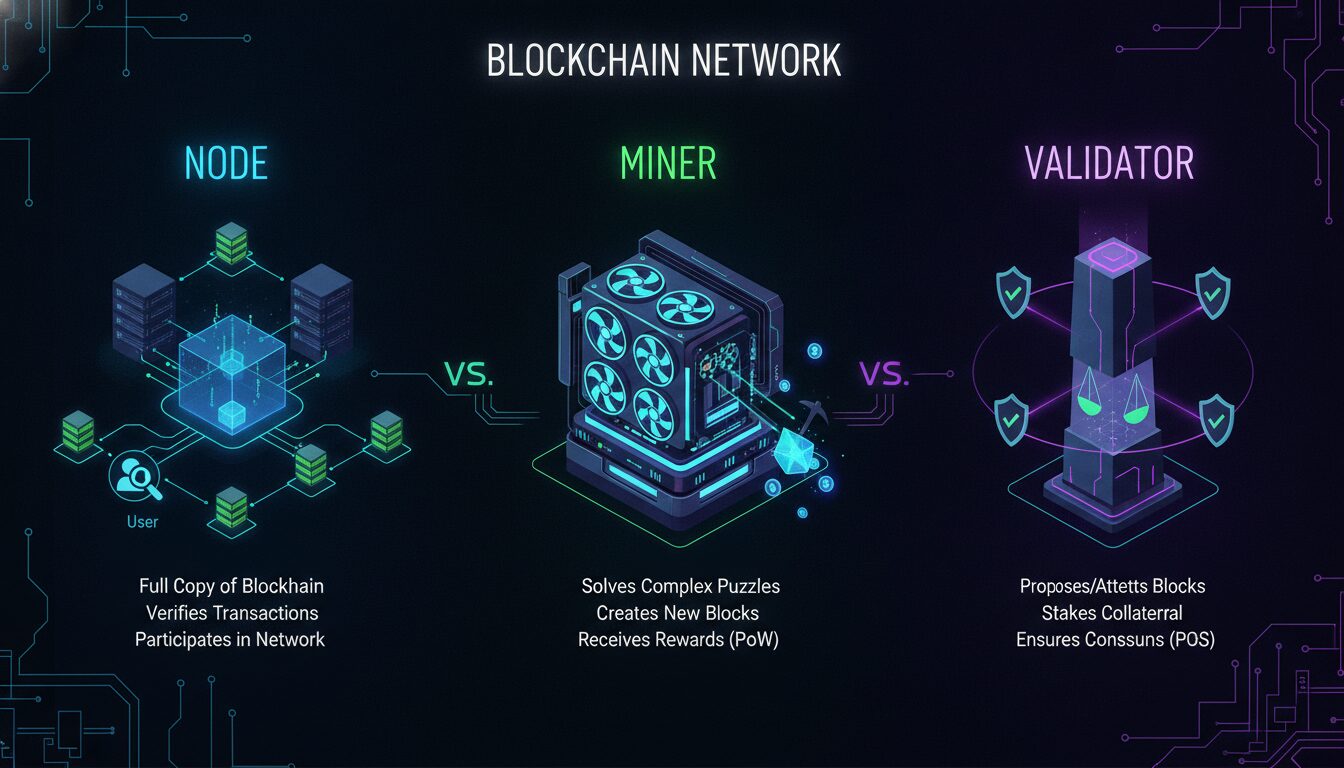 Concept illustration for Node vs. Miner vs. Validator