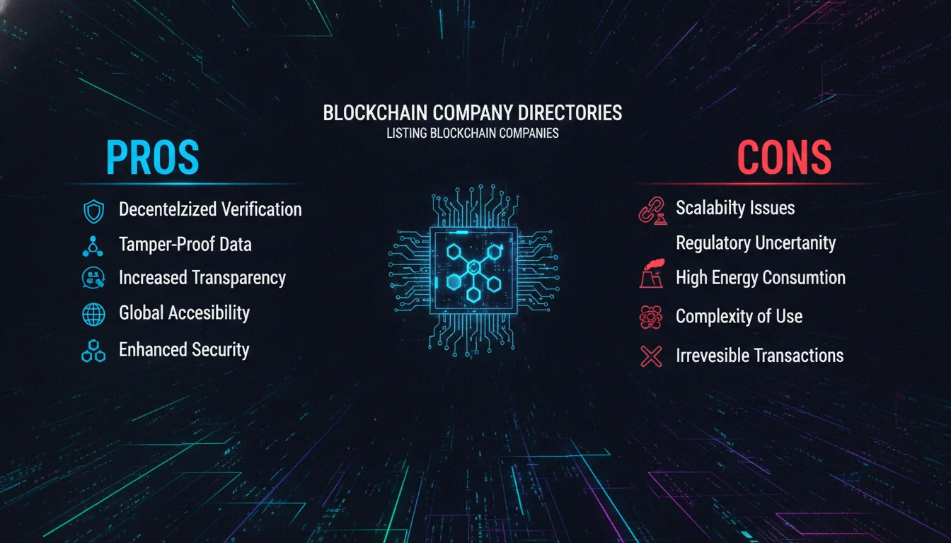 Pros and Cons of Using Blockchain Company Directories — illustrated overview