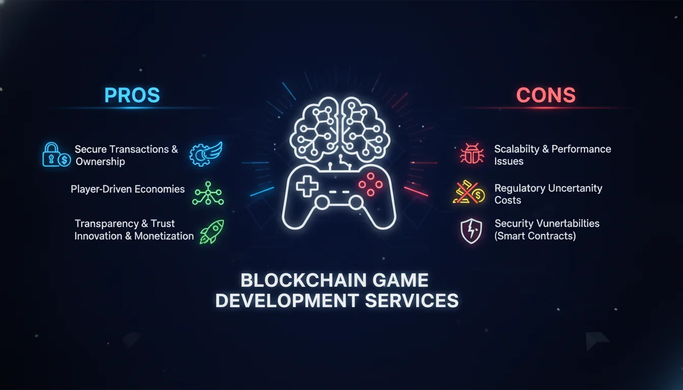 Concept illustration for Pros and Cons of Blockchain Game Development Services