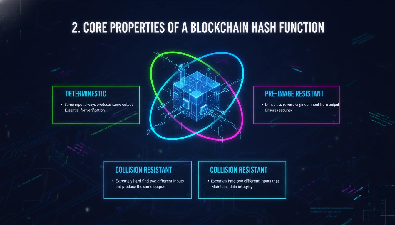 2. Core Properties of a Blockchain Hash Function — illustrated overview