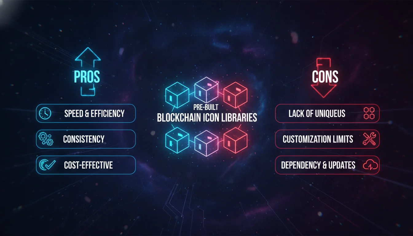 Pros and Cons of Using Pre-Built Blockchain Icon Libraries — illustrated overview