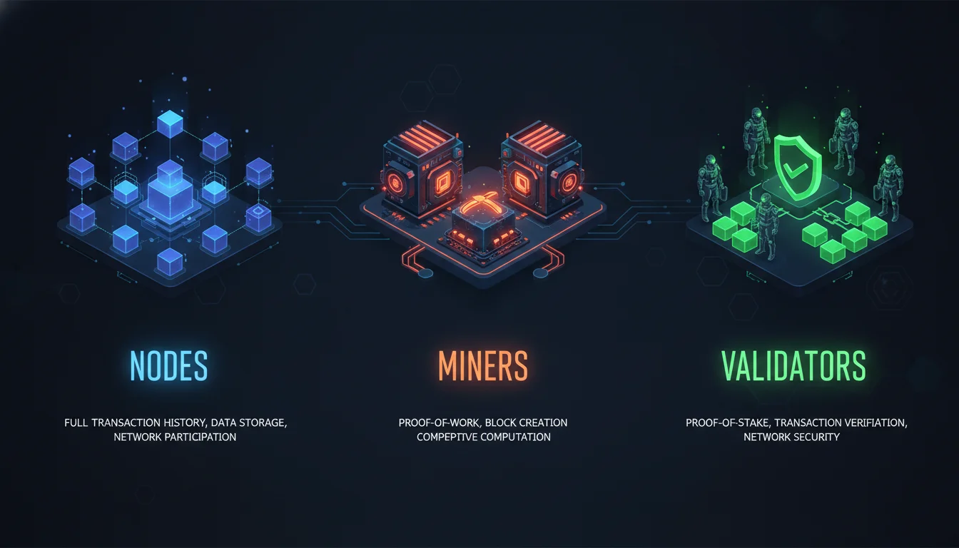 Concept illustration for Nodes vs. Miners vs. Validators