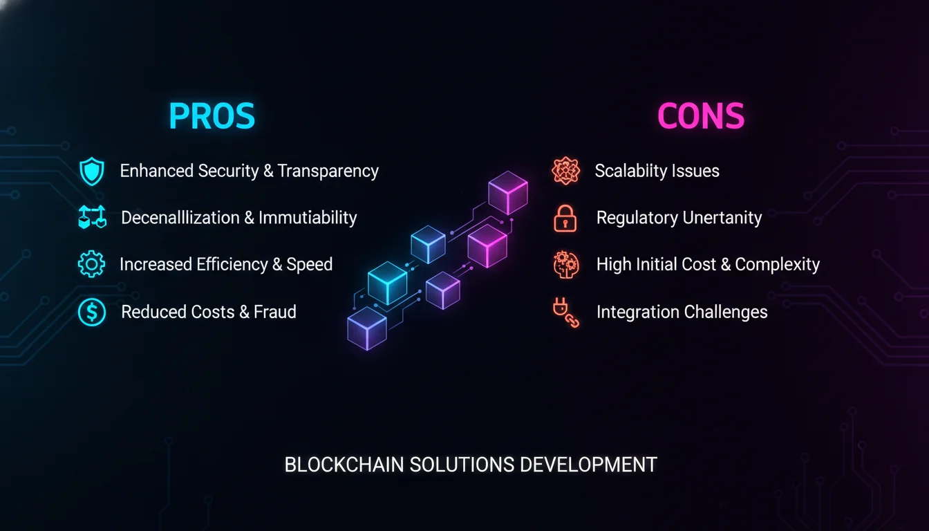 Pros and Cons of Blockchain Solutions Development — illustrated overview
