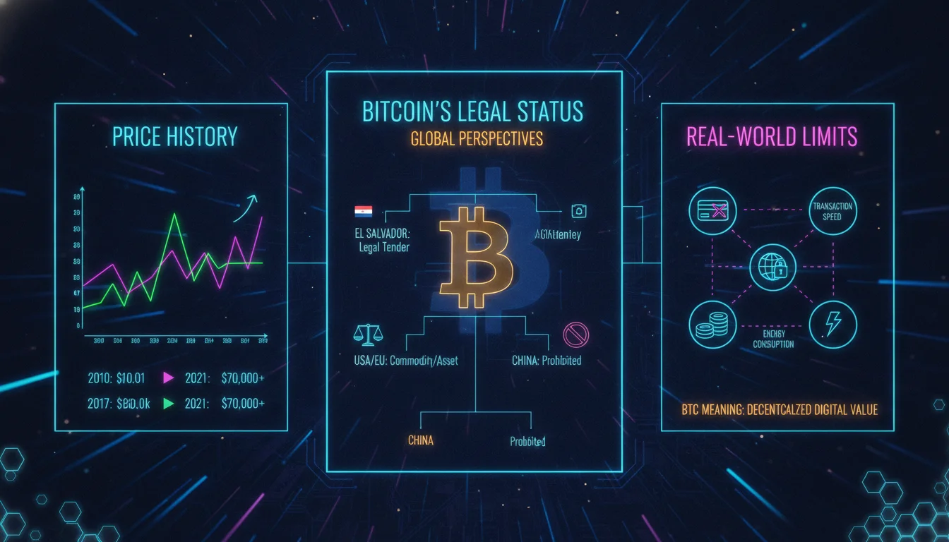 Concept illustration for Bitcoin's Legal Status, Price History, and Real-World Limits