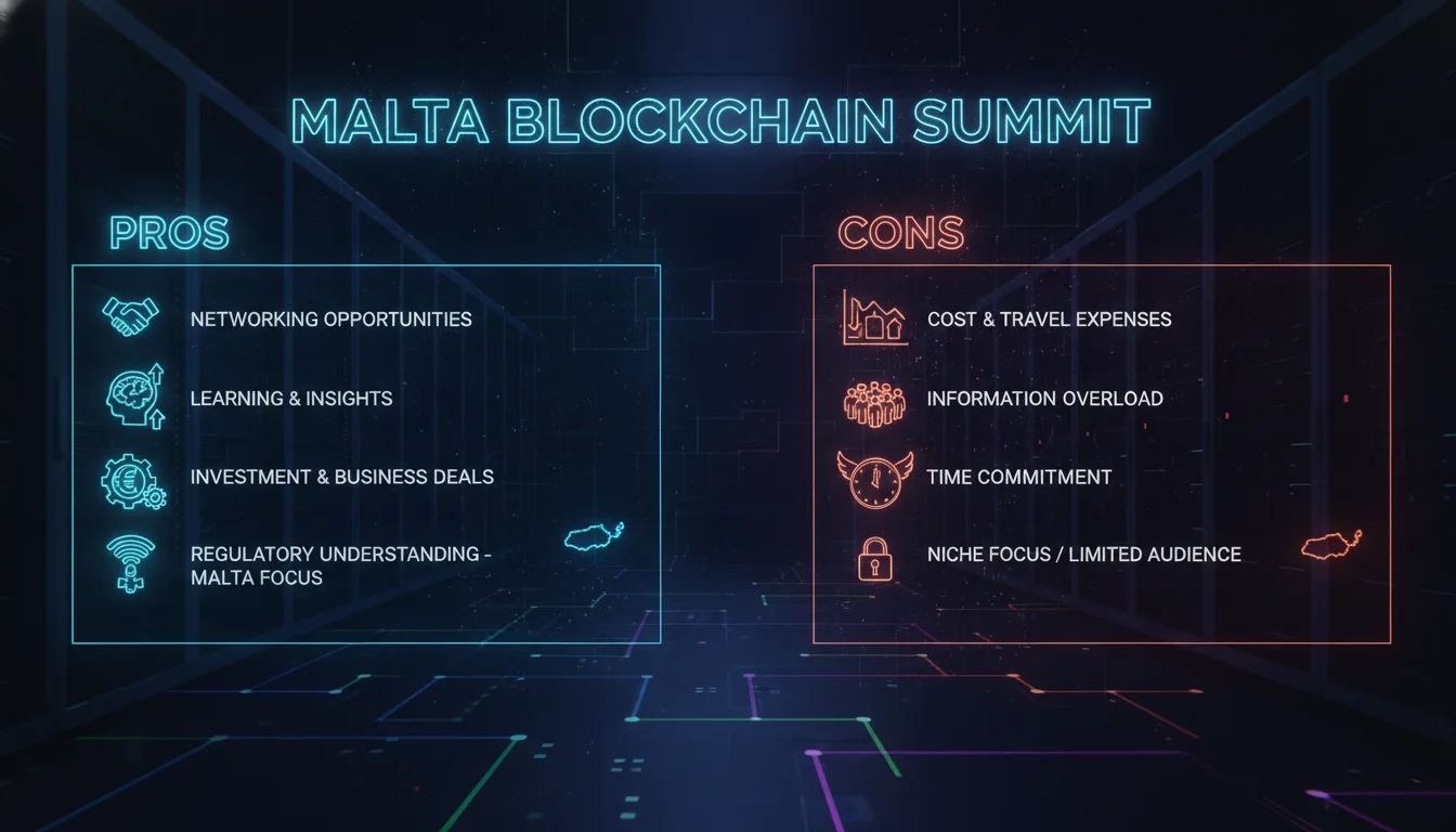 Concept illustration for Pros and Cons of Attending a Malta Blockchain Summit-Style Event